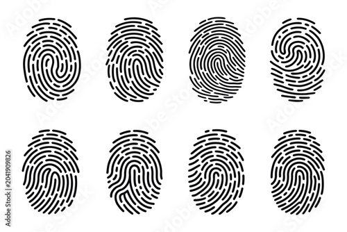 Fotografie Biometric fingerprint icon set, 8 minimalist thumbprint vector icons for securit