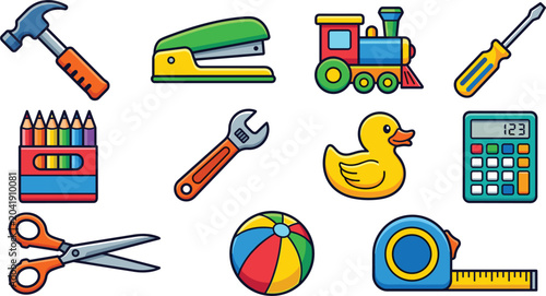 Colorful school supplies hardware tools and kids toys cartoon vector sticker collection.