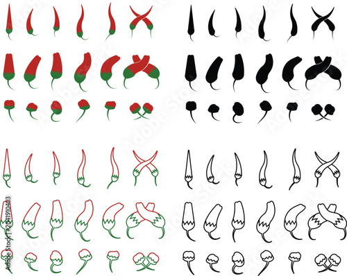 Foto Chili pepper icon set, capsicum collection hot spice vector group, jalapeno silh