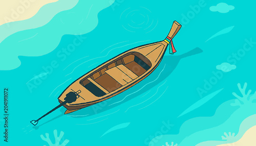 Traditional wooden longtail boat on � cheerful flat design illustration stock concept