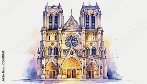 Watercolor painting of historic European cathedral lit dramatically, inspirational mood