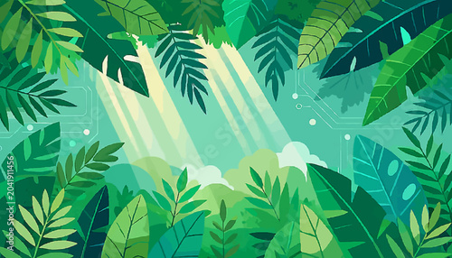 Dense jungle canopy with sunbeams, futuristic � commercial stock image