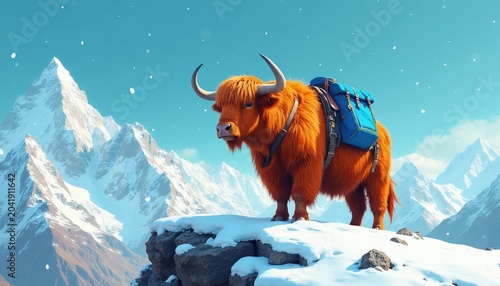 Orange yak with blue backpack stands on snow cliff with snowy mountains afar. Animal wear saddle and carry cargo for trip. It is cold winter day with falling snow.