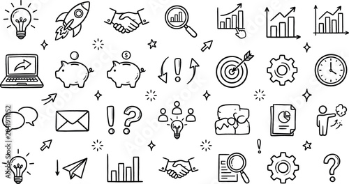 Business and finance doodle icon vector illustration set with handshake rocket lightbulb charts piggy bank laptop target gear and startup line art elements