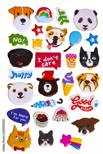 Sticker Collection of Playful Cartoon Animals Objects and Positive Phrases for Design