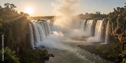 A majestic multi-tiered waterfall system plunges into a turbulent river below, surrounded by lush tropical rainforest and warm golden-hour sunlight.
