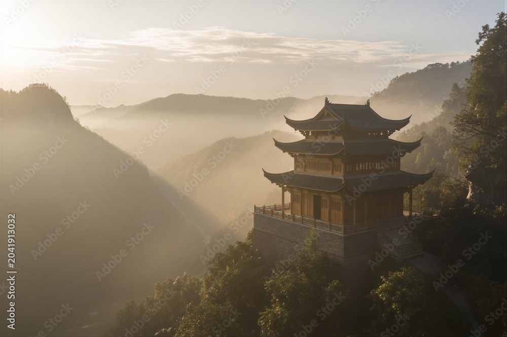 Fototapeta premium A traditional Chinese wutong-style pagoda stands serene on a mist-shrouded mountain ridge, bathed in warm golden light.