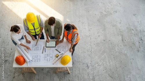 Engineers reviewing house blueprints together indoors