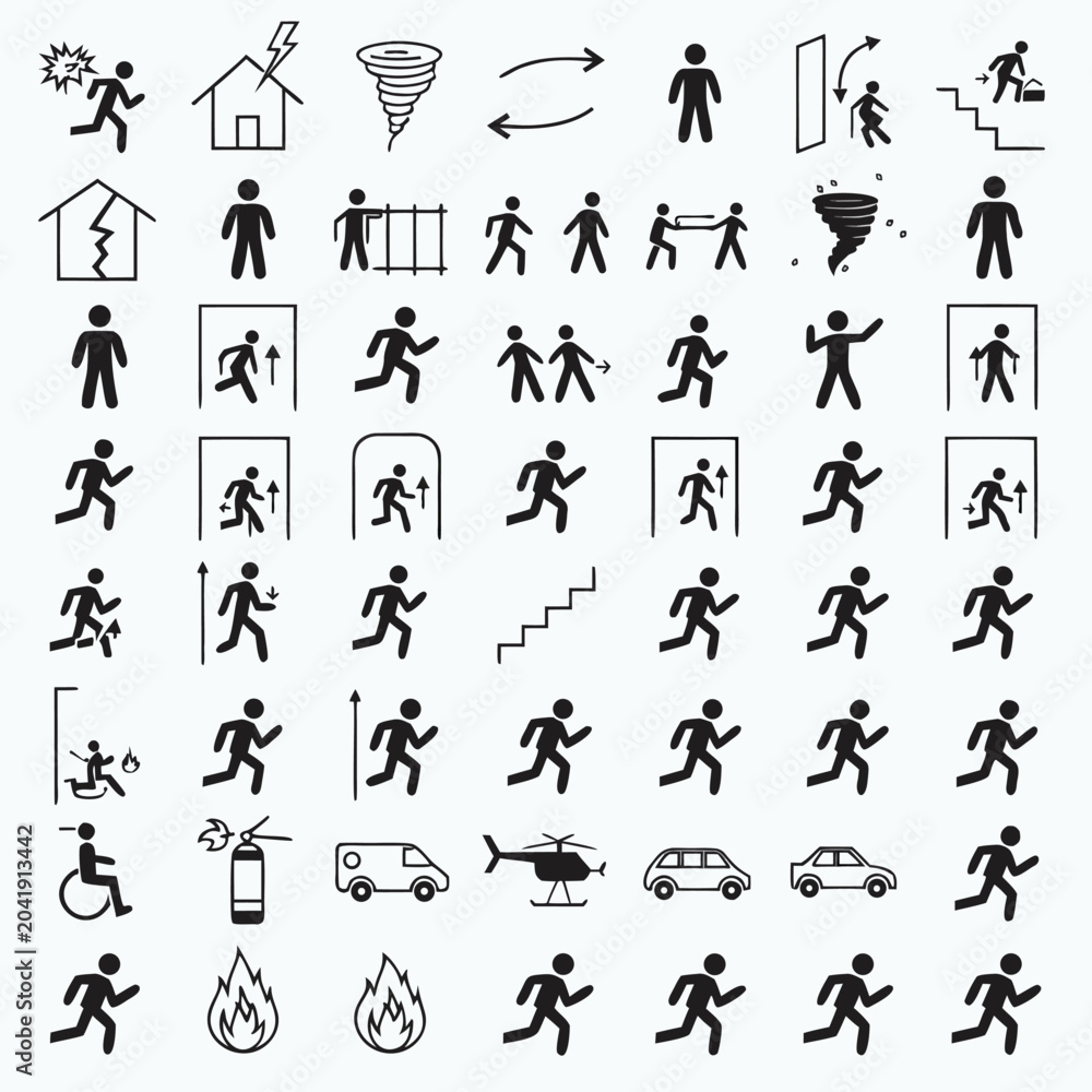 Fototapeta premium Sixty-four black silhouette icons illustrating emergency situations and evacuation procedures are displayed in a grid on a grey background.