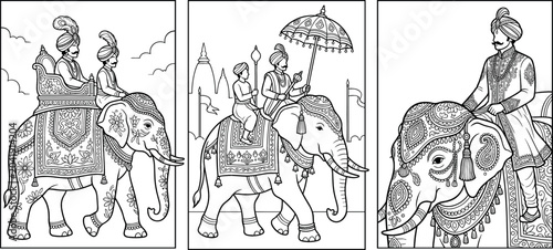 Foto Indian royal elephant procession vector illustration set featuring black and whi
