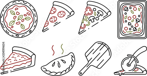 Tableau sur toile Italian pizza and baking line icon set featuring pepperoni slices, whole margherita pie, calzone, cutter wheel, peel shovel, and pan icons for restaurant menu