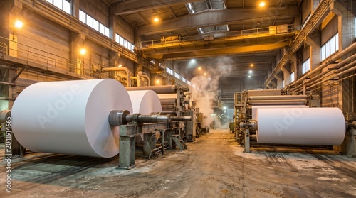 Schilderij op canvas Large industrial paper rolls on machines in a factory