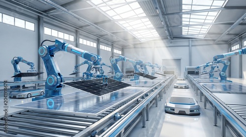 Fotografie Blue robotic arms working on assembly line in factory