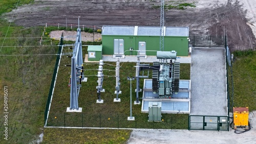 Obraz na płótnie Aerial View of Electrical Substation in Rural Green Landscape