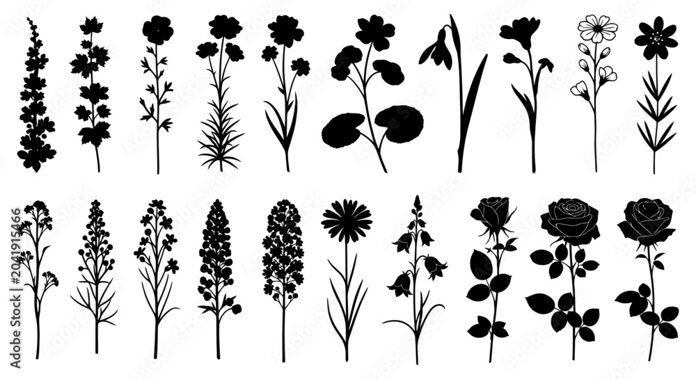 Fototapeta premium Wildflower silhouette collection, set of 20 botanical floral elements, black garden flower icons for wedding invitations and minimalist nature design