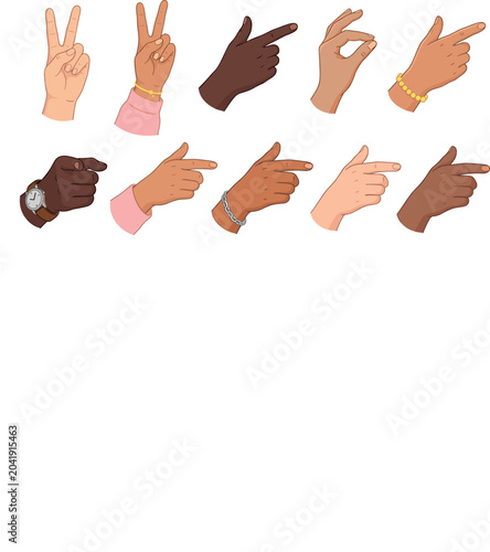 Diverse Multiethnic Human Hands Showing Various Gestures and Signs Including Pointing Peace and Okay Isolated on White Background Vector Art Illustration