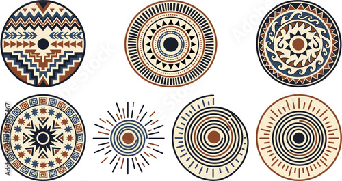 Foto Native American tribal vector set featuring circular aztec patterns ethnic geome