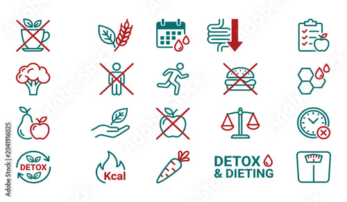 Foto Detox and healthy dieting lifestyle vector outline icon set