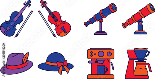 Canvas-taulu Set of flat line colorful miscellaneous objects including violins telescopes hats and coffee makers