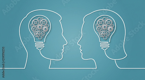 Two outline human head silhouettes facing each other with lightbulb gear brain illustration on teal background