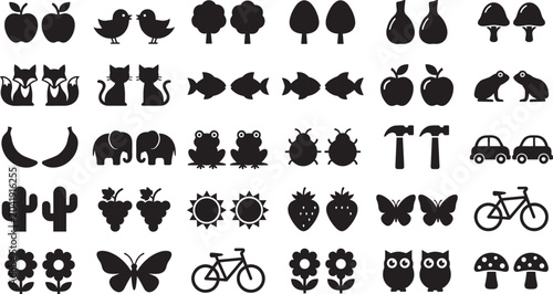 Foto Mega black silhouette vector icon set with paired cartoon animals fruits and miscellaneous objects