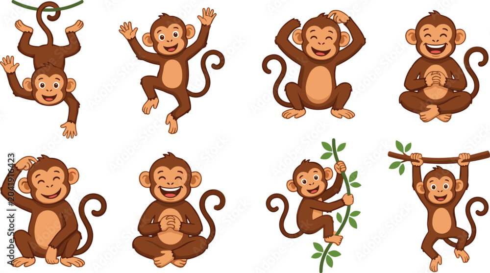 Fototapeta premium Cute cartoon monkey characters collection set with different poses isolated on white background.