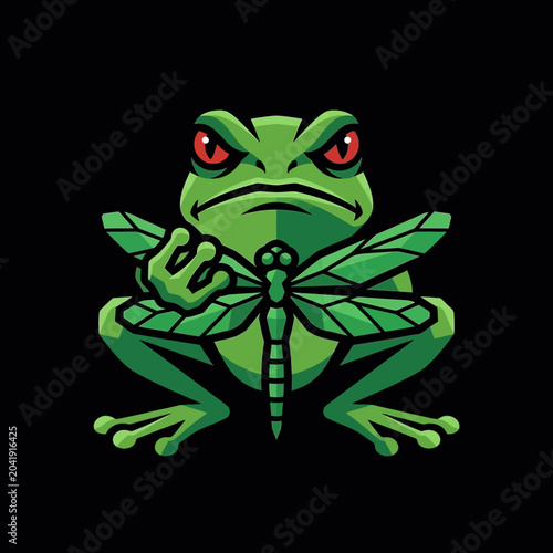 Obraz na płótnie Green Frog Holding Dragonfly Cartoon.