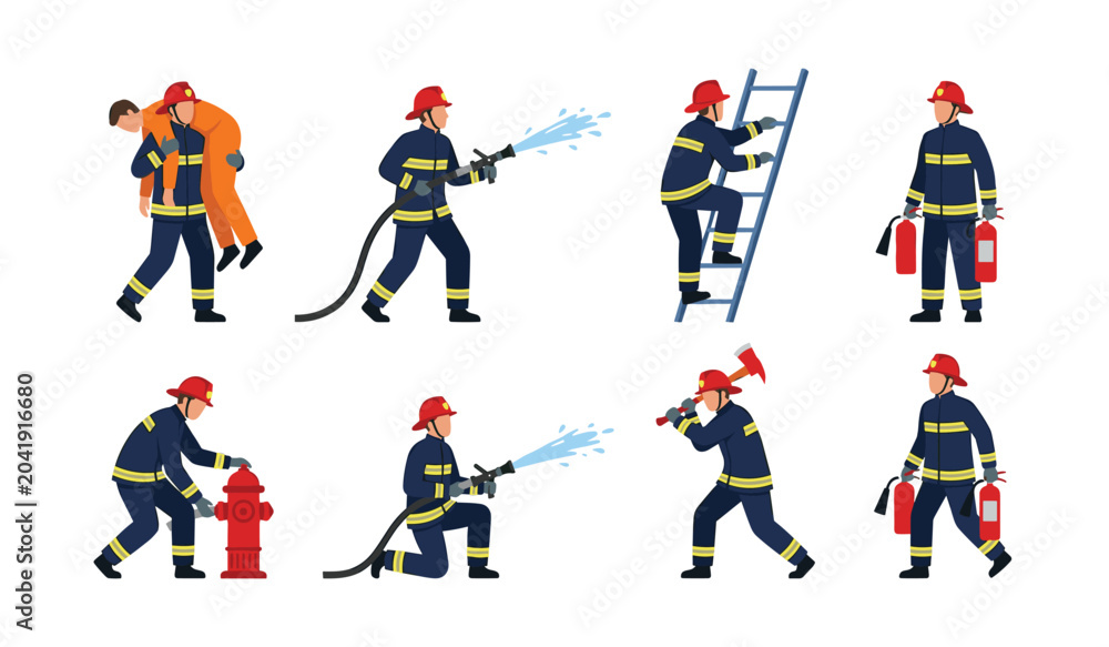 Fototapeta premium Firefighter character and emergency rescue flat vector illustration set. Brave firemen in uniform spraying water, climbing ladder, carrying victim, holding axe and extinguishers.
