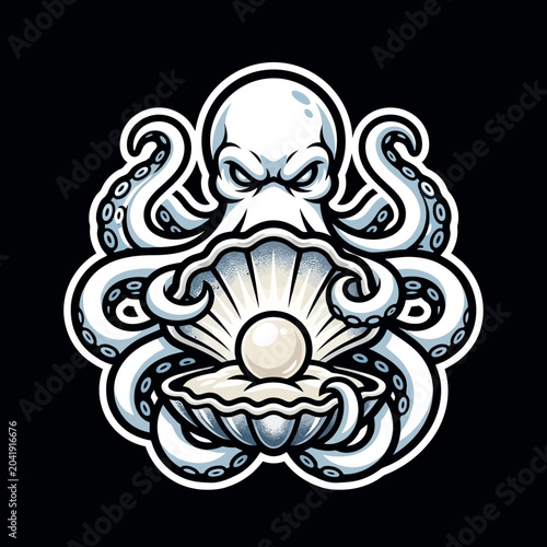 Billede på lærred Octopus Holding Pearl in Shell.