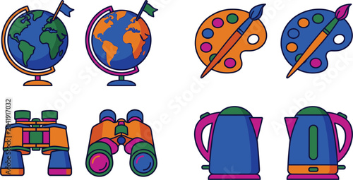 Canvas-taulu Set of flat line colorful miscellaneous objects including globes paint palettes binoculars and electric kettles
