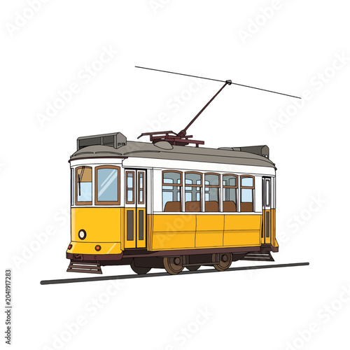 Photos A vintage yellow electric streetcar isolated on a clean white background