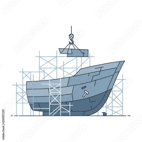 A flat vector illustration of a large ship under construction in a shipyard