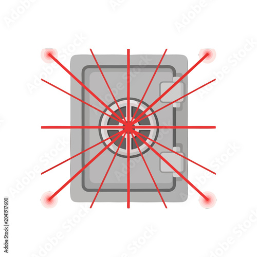 A secure metal vault protected by a complex red laser security system