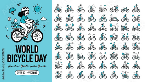 Foto World Bicycle Day miniature doodle vector bundle, over 50 bicycle icons and cycl