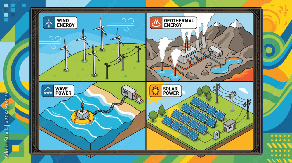 Obraz premium Renewable energy sources illustration with wind, geothermal, wave, and solar power generation.