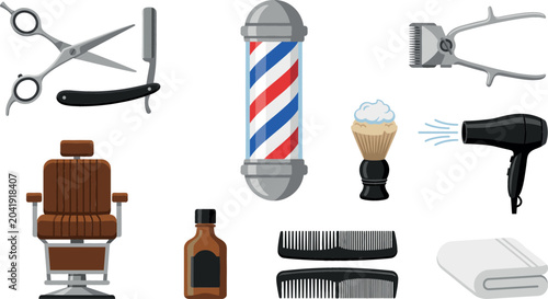 Vintage barber shop equipment vector set with haircut tools including pole chair scissors razor clippers hair dryer brush and comb elements