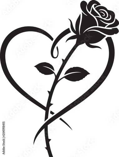 Black silhouette of a single rose flower intertwined with a heart shape icon