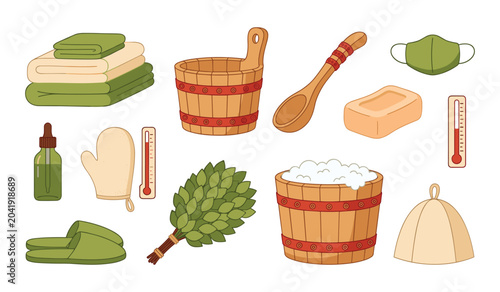 Foto Sauna accessories and traditional bathhouse vector icon set