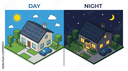Day and night comparison of a house with solar panels, illustrating energy efficiency and sustainability.