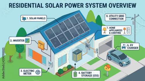 Foto Residential Solar Power System Overview: House with Solar Panels, Battery Storage, EV Charger, and Utility Grid Connection