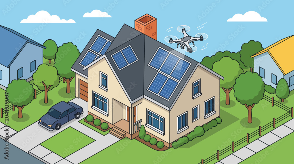 Naklejka premium Modern house with solar panels on the roof and a drone flying overhead, illustrating smart home technology and sustainable living in a suburban neighborhood.