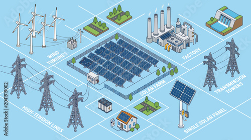 Foto Isometric illustration of a smart grid system with various renewable energy sources and power distribution