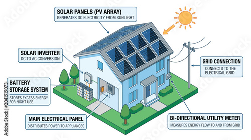 Isometric diagram of a house with solar panels and a battery storage system, illustrating grid connection and energy flow.