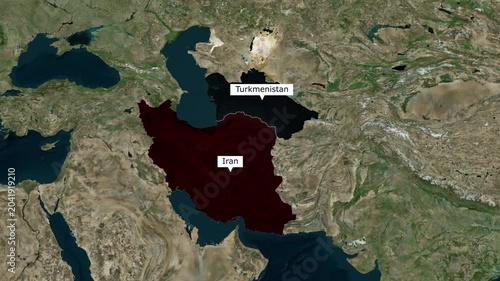 Satellite map animation of the border between Iran and Turkmenistan highlighting Central Asian energy routes for geopolitical news broadcast