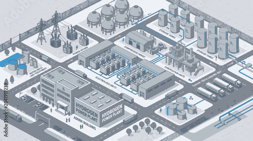 Photos Isometric illustration of a large industrial complex with various factories, power plants, and storage tanks connected by roads and pipelines, depicting energy production and distribution