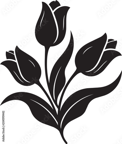 Black silhouette of a tulip flower bouquet with leaves as a simple graphic icon
