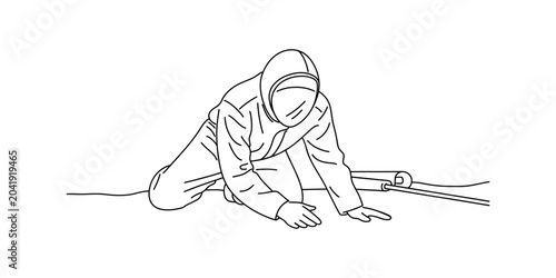 Cuadro en lienzo Person in protective suit kneeling on ground, reaching for equipment