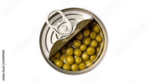 Photos Open tin can with green peas in brine