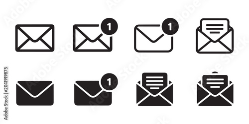 Email and message notification icons featuring letter envelopes with number alerts and opened document layouts.