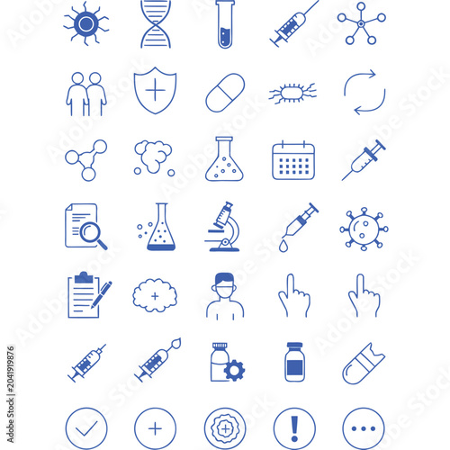 A selection of thirty five medical and scientific laboratory icons in blue outline style including syringes and DNA strands on a white backdrop.